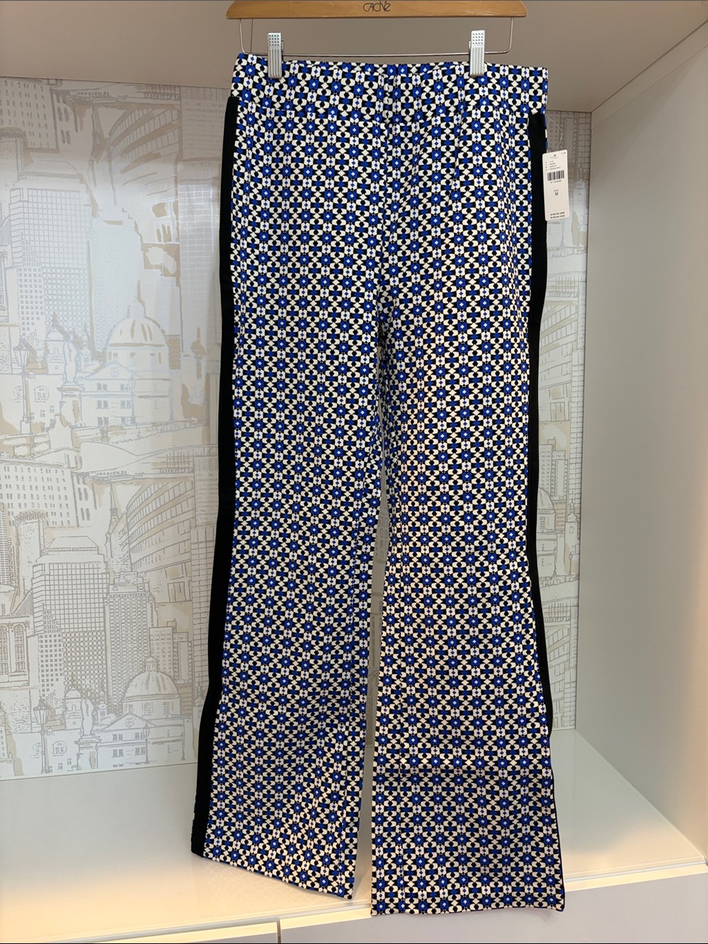 NWT Maeve Blue and White Geometric Wide-Leg Pants with Black Side Panels